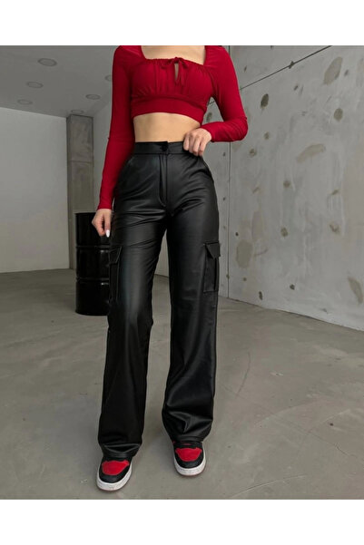 nedo7 Women's high waist front zipper side pocket detailed leather cargo pants