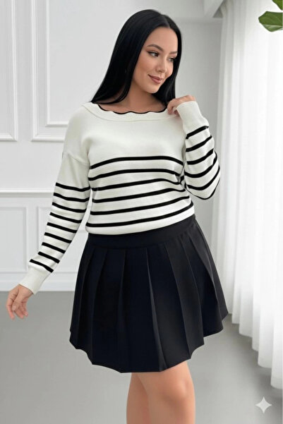 nedo7 Women's White Back Tie Detailed Line Pattern Knitwear Blouse