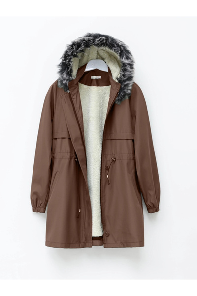 nedo7 Furry hooded lace-up bondit coat - brown