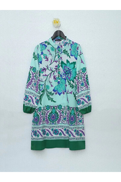 nedo7 Floral patterned half button cotton viscose tunic - green
