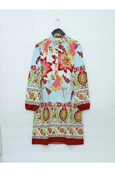 nedo7 Floral patterned half button cotton viscose tunic -tile