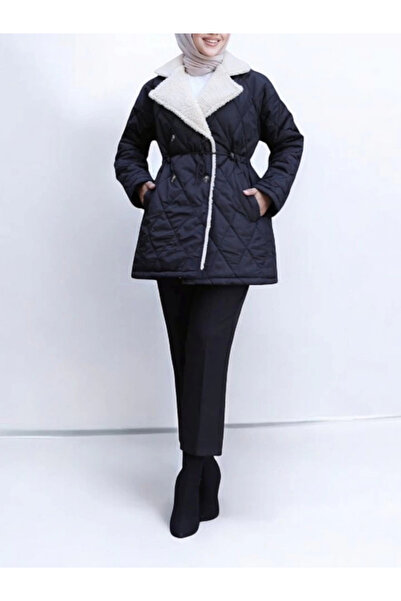 nedo7 Elastic Waist Plush Detailed Quilted Coat - Black