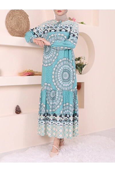 nedo7 Piece Patterned Lace-Up Sleeve Elastic Dress -Mint