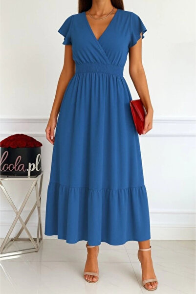 nedo7 فستان نسائي قصير بأكمام فراشة وياقة مزدوجة الصدر وخصر مطاطي