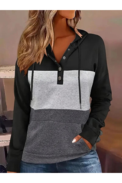 nedo7 Women's Long Sleeve Hooded Multi-Colored Two Thread Blouse