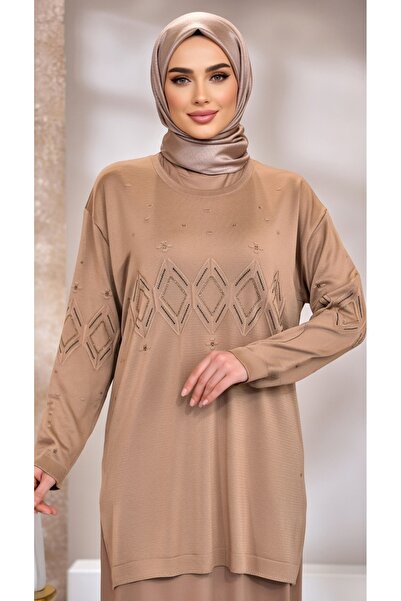 EB SCARF Steel Knitted Mercerized Stone Detailed Blouse