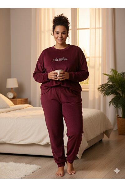 Mavera Miss Büyük beden kadife baskılı pijama takımı