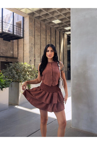 Cool & Sexy Katlı Etek ve Yelek Alt Üst Takım