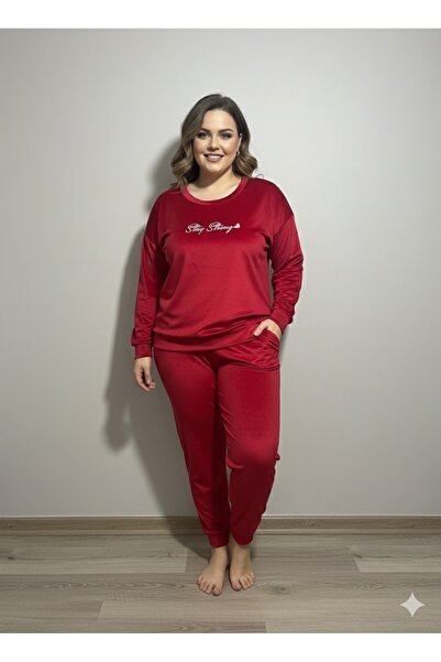 Mavera Miss Büyük beden kadife baskılı pijama takımı