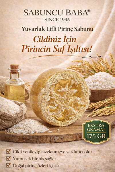 SABUNCU BABA Pirinç Özlü Yuvarlak Lifli Doğal Sabun 175 Gr. Cildinizde Pirinc...