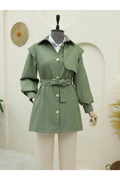 nedo7 Brooch Button Double Button Belted Trench Coat -Khaki