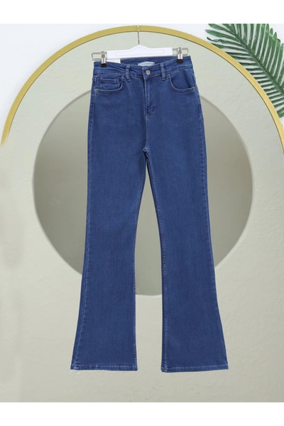 nedo7 High Waist Denim Trousers with Wide Legs - Navy