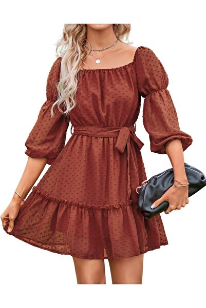 BebreezChic Women's Elegant Long Sleeve Off Shoulder Plain Swiss Dot Airy Sum...