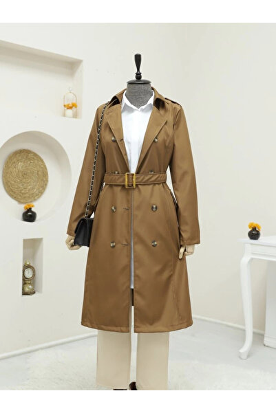 nedo7 Buttoned belted medium length trench coat - brown
