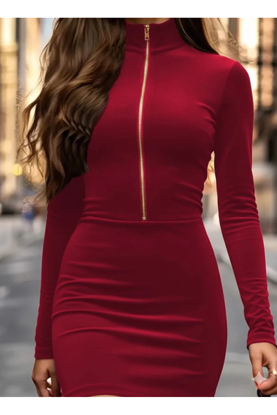 nedo7 Women's Long Sleeve Turtleneck Zipper Detail Mini Velvet Dress