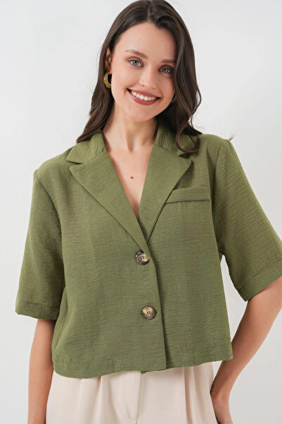 nedo7 0706 Crop Linen Jacket - Khaki