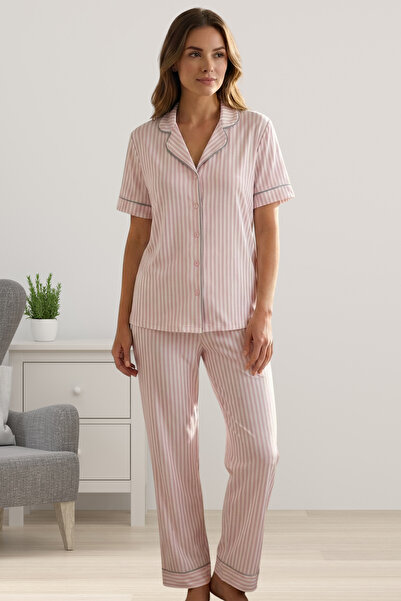 ByLohusa Pink Front Buttoned Short Sleeve Women's Pajama Set