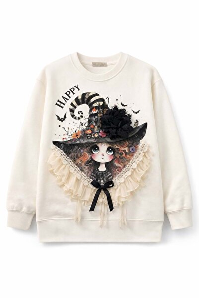 Lolliboomkids Girl's 3D Appliqued Printed Sweatshirt - Ecru - 8-9 Years