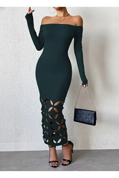 nedo7 فستان نسائي طويل من الكريب المستورد بياقة مادونا وأكمام طويلة مع تفاصيل...