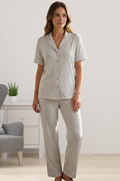 ByLohusa Gray Front Buttoned Short Sleeve Women's Pajama Set