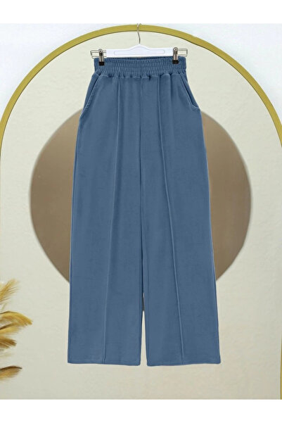 nedo7 Elastic waist velvet trousers with buttons - blue