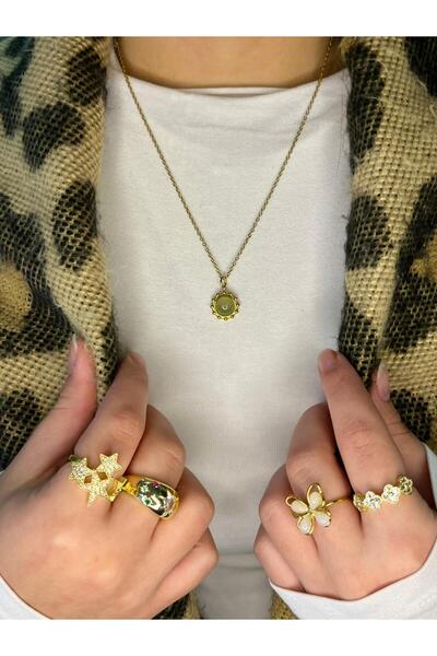 D&Z ACCESSORİES Vintage Necklace with Green Natural Stone Detail |   Steel Ex...