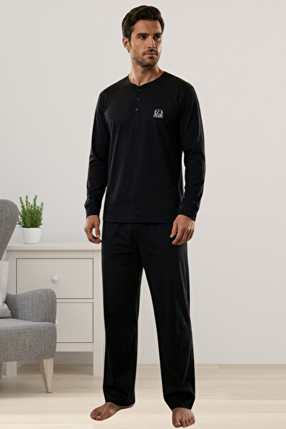 ByLohusa Σετ ανδρικής πιτζάμα από μαύρο 100% βαμβακερό ύφασμα