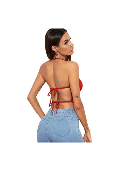 Bacio iç giyim Kadın Sırtı Açık Kırmızı Belden Bağlamalı Crop Büstiyer