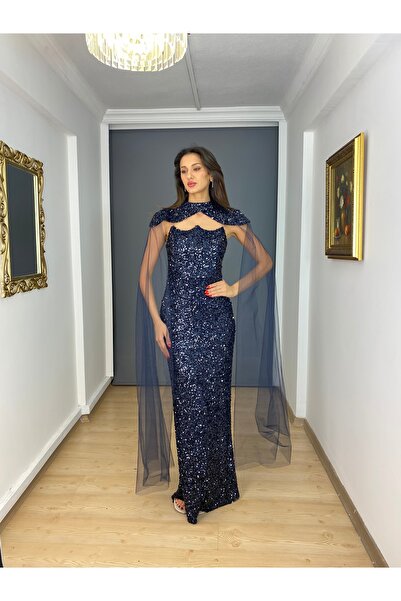 gökkuşagı moda Lacivert payet straplez pelerin detaylı uzun abiye elbise
