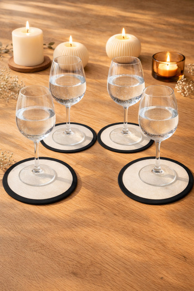 ŞAH TEXTILE DESIGN Siyah biye detaylı organik keten bardak altlığı 4'lü takım