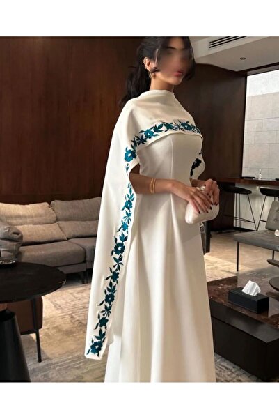 Mira فستان ناعم وانيق قطعتين بشال خارجي اللون ابيض مطرز كمبيوتر --ميرا وجهة ا...