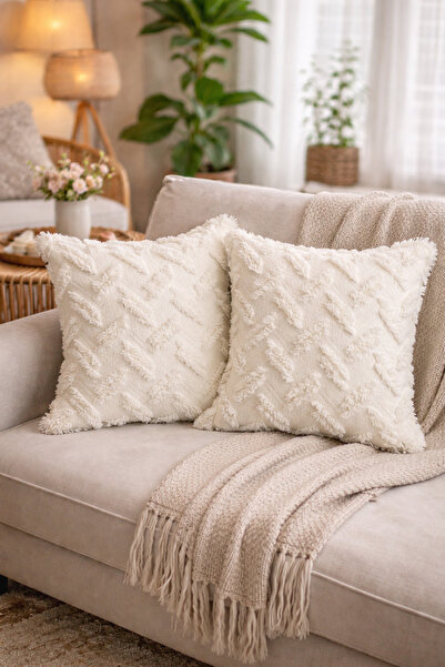 Konyaaltı Çeyizevi Self-Textured Patterned Cream Decorative Throw Pillow 43X4...