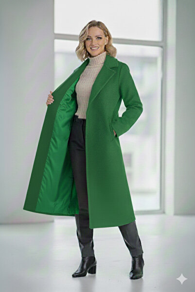 Reçel Women's Green Midi Length Lined Thick Cashmere Coat