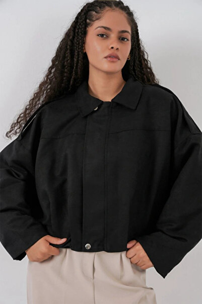 nedo7 سترة سوداء قصة فضفاضة من جلد الغزال 1055