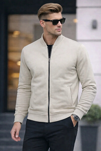 COMBİNE MİCHAİL Erkek Tam Fermuarlı Salaş Krem Sweatshirt