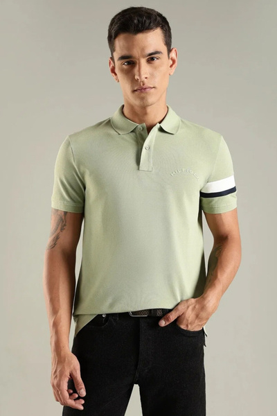 Tommy Hilfiger Mens Striped Regular Fit Cotton Green Polo T-Shirt