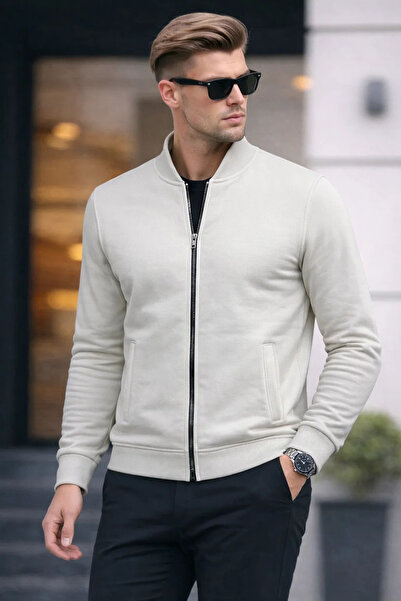 COMBİNE MİCHAİL Men's Full Zip Casual Ecru Sweatshirt