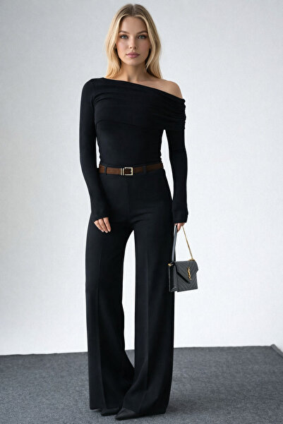 LOOSH Kadın Siyah İspanyol Paça Kemerli Pantolon