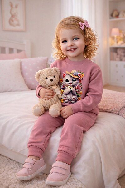 Öyküm Kız Bebek Sevimli Kedi Baskılı Eşofman Takımı – Yumuşak Kumaş, 2 Renk S...
