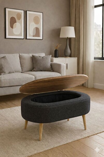 own home Luno Sandıklı Orta Sehpa, Teddy Kumaş Kaplamalı Ahşap Ayaklı Yuvarla...