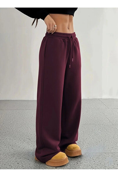 nedo7 بنطلون نسائي عالي الخصر برباط مطاطي وقصة واسعة بلون البرقوق