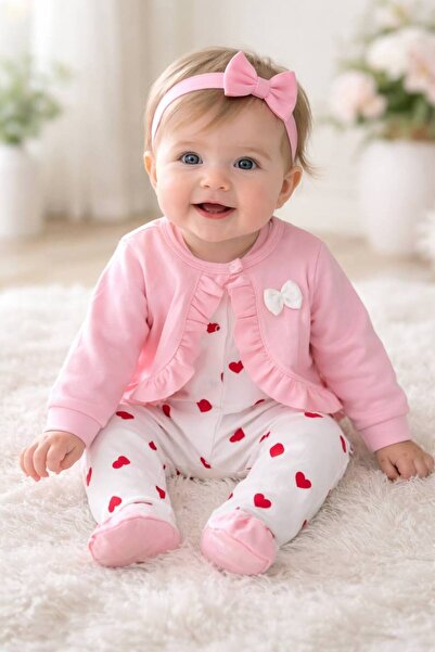 MİLLİON BEBE Kız Bebek Kalpli Tulum ve Pembe Hırka Takımı – Yumuşak Pamuklu, ...