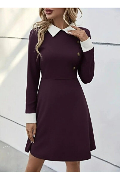 nedo7 فستان نسائي قصير بأكمام طويلة وياقة وأزرار من قماش المودال بلون البرقوق