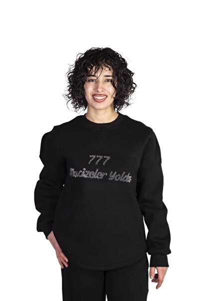 MODA Aiza 777 Mucizeler Yolda Yazılı Taş İşlemeli Şardonlu Kışlık Kadın Eşofm...