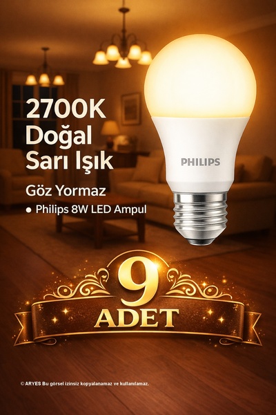 Philips 8W 2700K Doğal Sarı LED Ampul Set – Göz Dostu, Tasarruflu