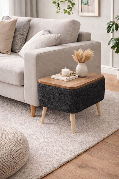 own home Nora Sandıklı Yan Sehpa, Teddy Kumaş Kaplamalı Ahşap Ayaklı Modern Y...