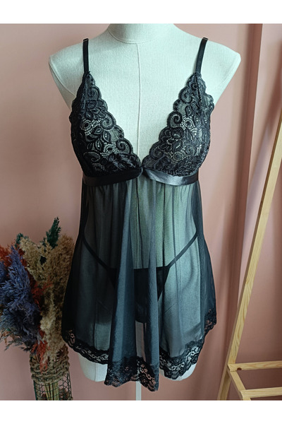 Nightlight Laurel Dantel Detaylı Tül Gecelik & Kadın İç Giyim Tanga Set-SİYAH