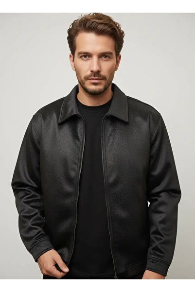 CANMODA Recien Men's Black Jacquard Shawl Patterned Korean Style Bomber Jacket