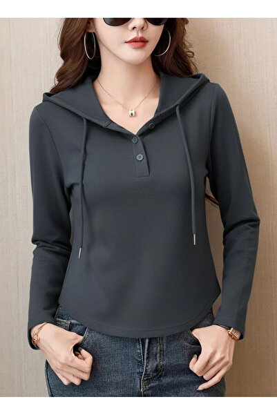 nedo7 Women's Long Sleeve Hooded Lace-Up Buttoned Viscose Two Thread Smoked B...