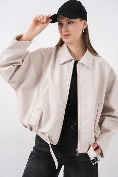 nedo7 Belt Detailed Leather Jacket 1056 - Ecru